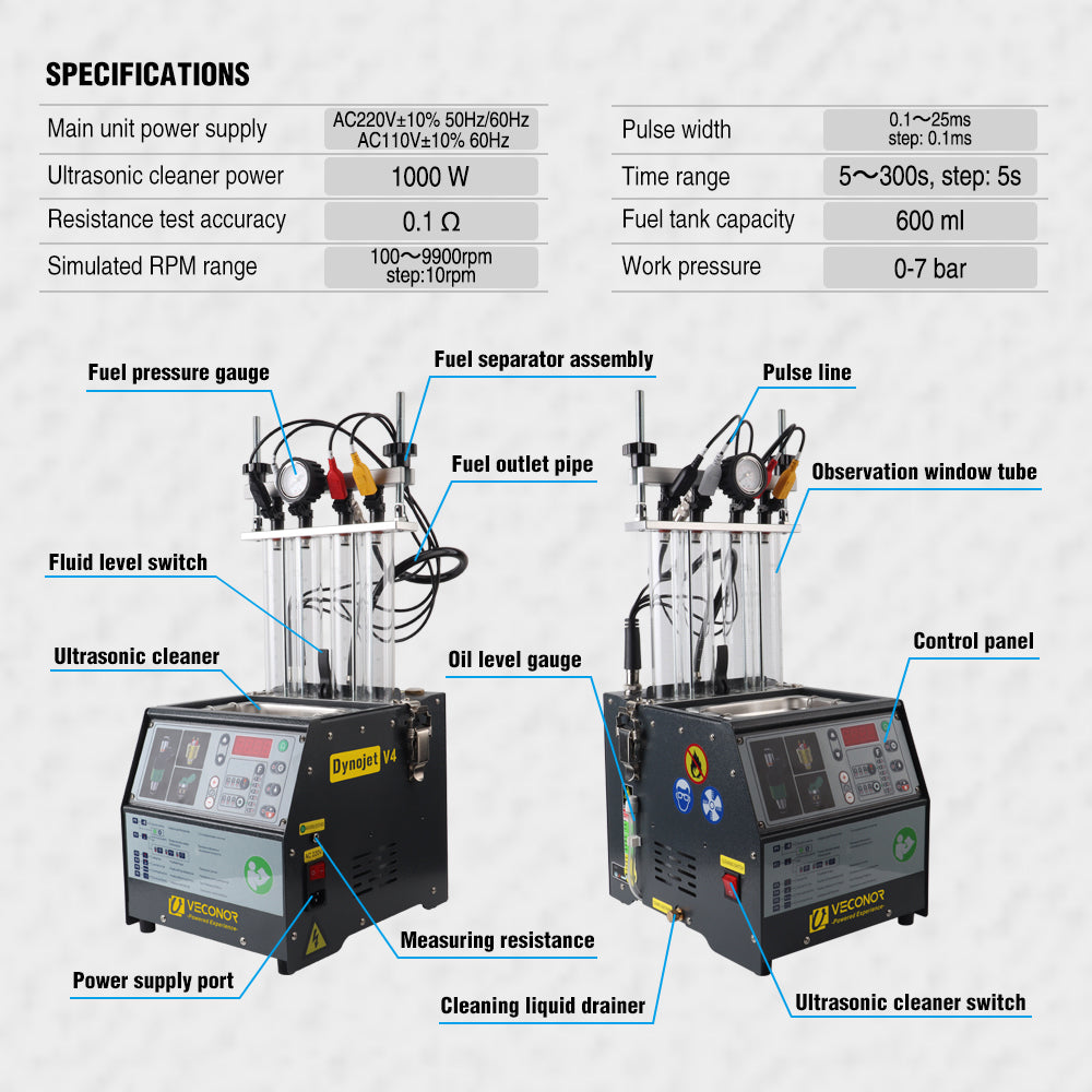 VECONOR Intelligent Car Fuel Injector Tester Cleaning Machine Injector Ultrasonic Cleaner 4-Cylinders