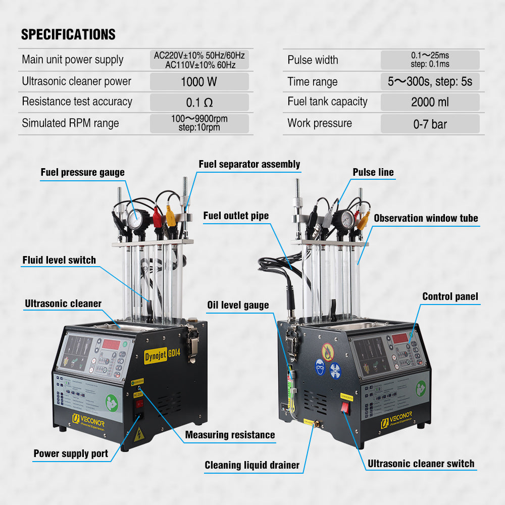 VECONOR GDI PFI EFI Fuel Injector Cleaner & Tester Machine 4 Cylinders Fuel Injector Cleaner Tester for Car & Motorcycle